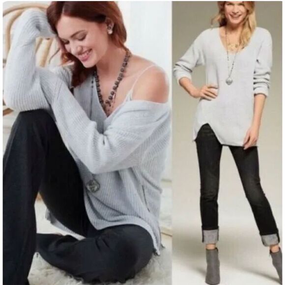 Cabi Gray Ribbed V-neck Sweater Pullover Side Zip Medium #3531 - Picture 1 of 7